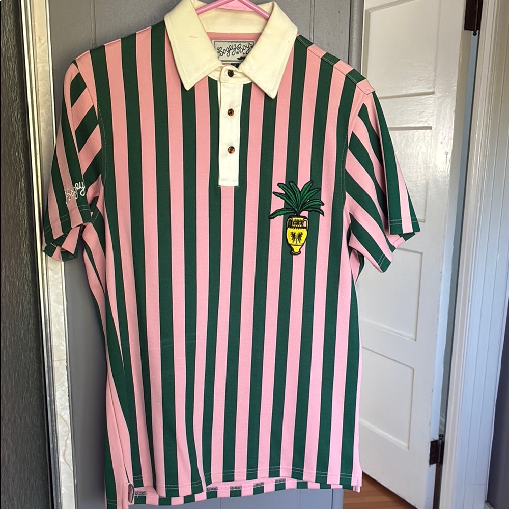 Pink and Green Polo Shirt with White Collar